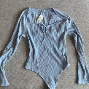 Aerie Light Blue Ribbed Long Sleeve Bodysuit